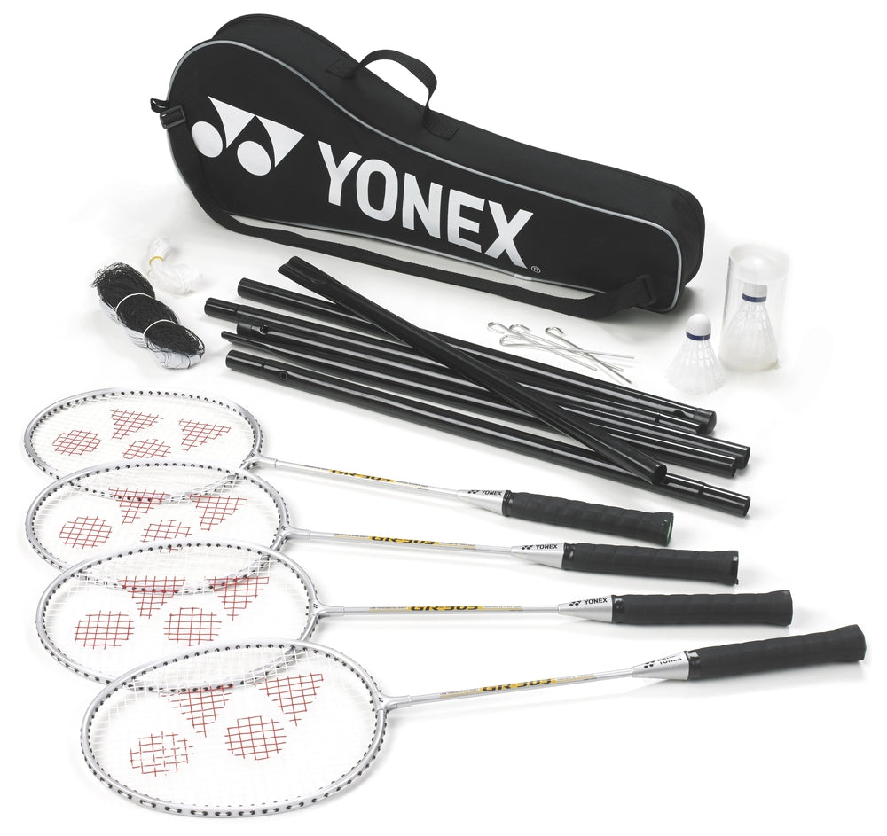 Yonex 4-player badminton set with rackets and shuttlecocks, ideal for outdoor and indoor play, lightweight and durable design
