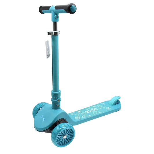 Zinc Shine 3-wheeled folding LED scooter for kids, featuring bright LED lights and sturdy construction for outdoor fun.