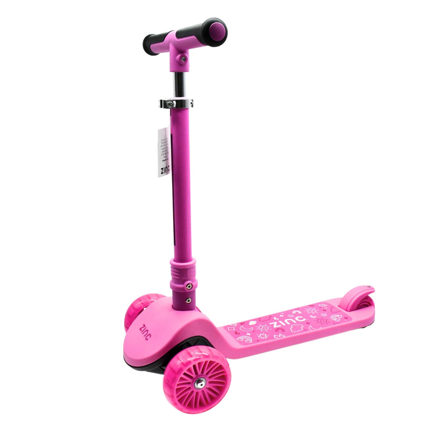 Zinc Shine 3-wheeled folding LED scooter with bright lights and sturdy design, perfect for kids and teens for outdoor fun.