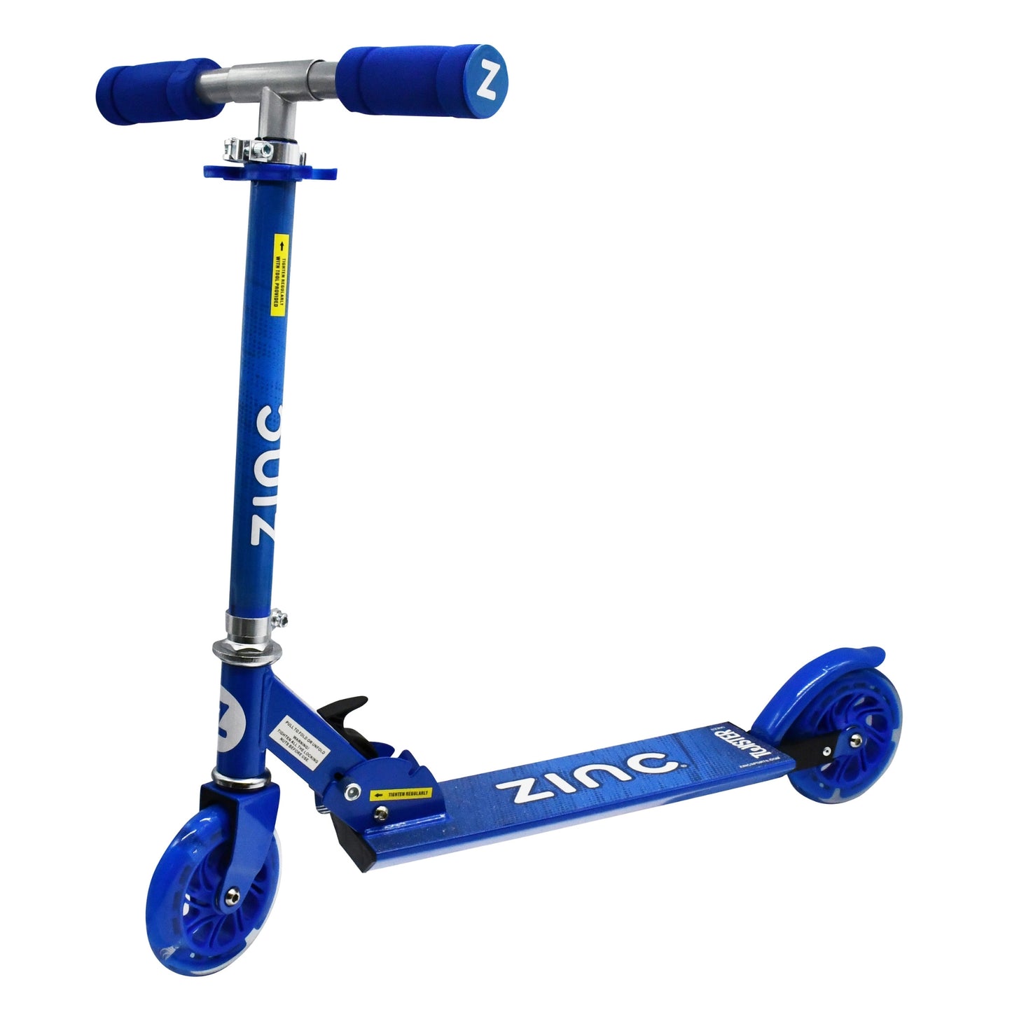 Zinc Twister 2-wheel folding scooter with light-up wheels, compact design, and handlebar for kids' outdoor sports and riding fun.