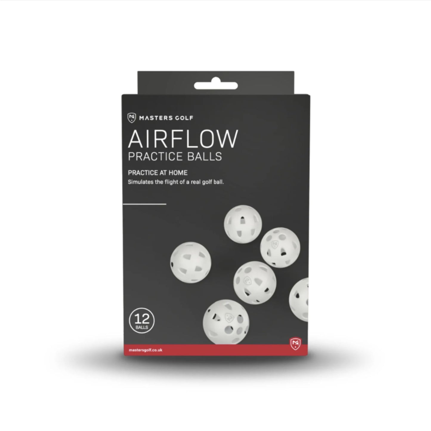 Set of 12 Masters Airflow XP practice golf balls, lightweight sporting goods for training and outdoor golf practice.