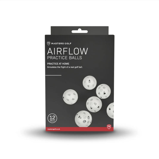 Set of 12 Masters Airflow XP practice golf balls, lightweight sporting goods for training and outdoor golf practice.