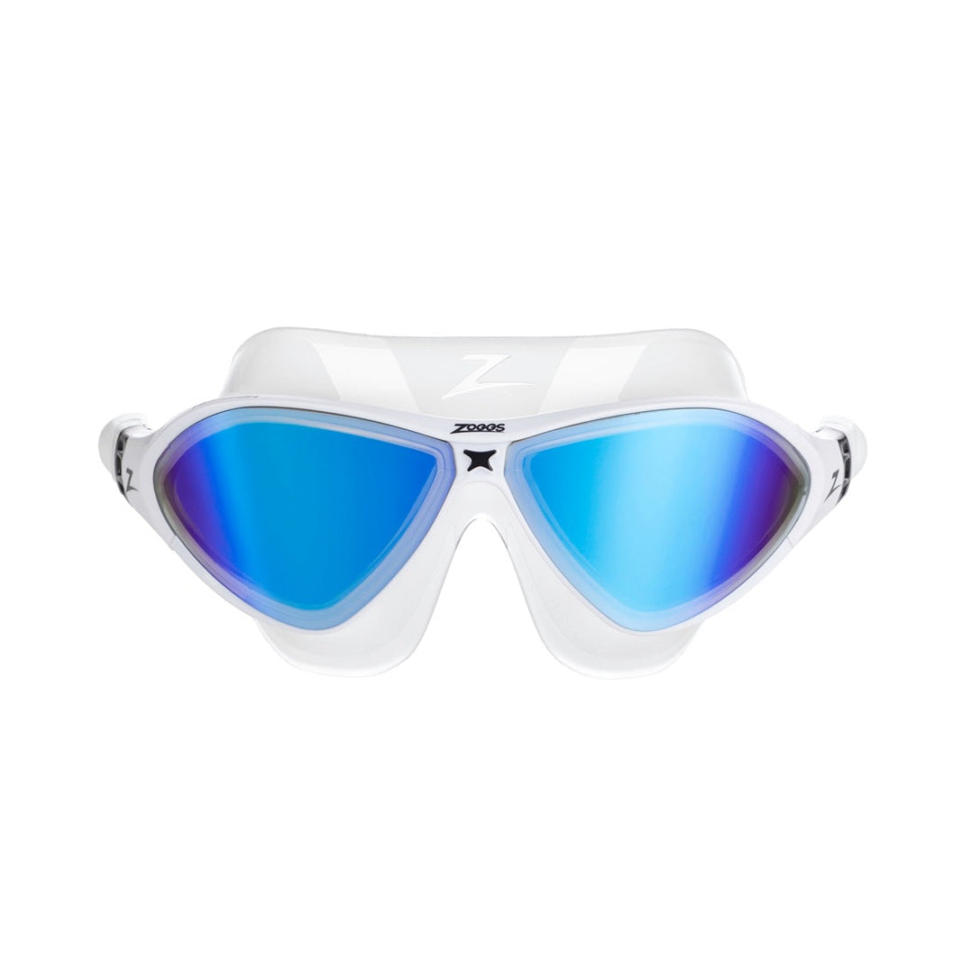 Zoggs Horizon Flex Titanium swimming mask with adjustable straps, clear lenses, and a sleek black frame for comfortable fit.