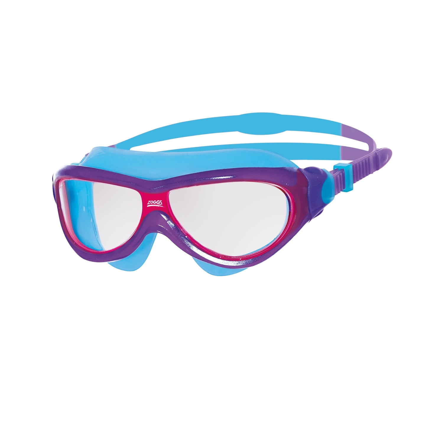Junior Zoggs Phantom swimming mask showing a sleek black design with clear lenses, suitable for kids' swimming activities.