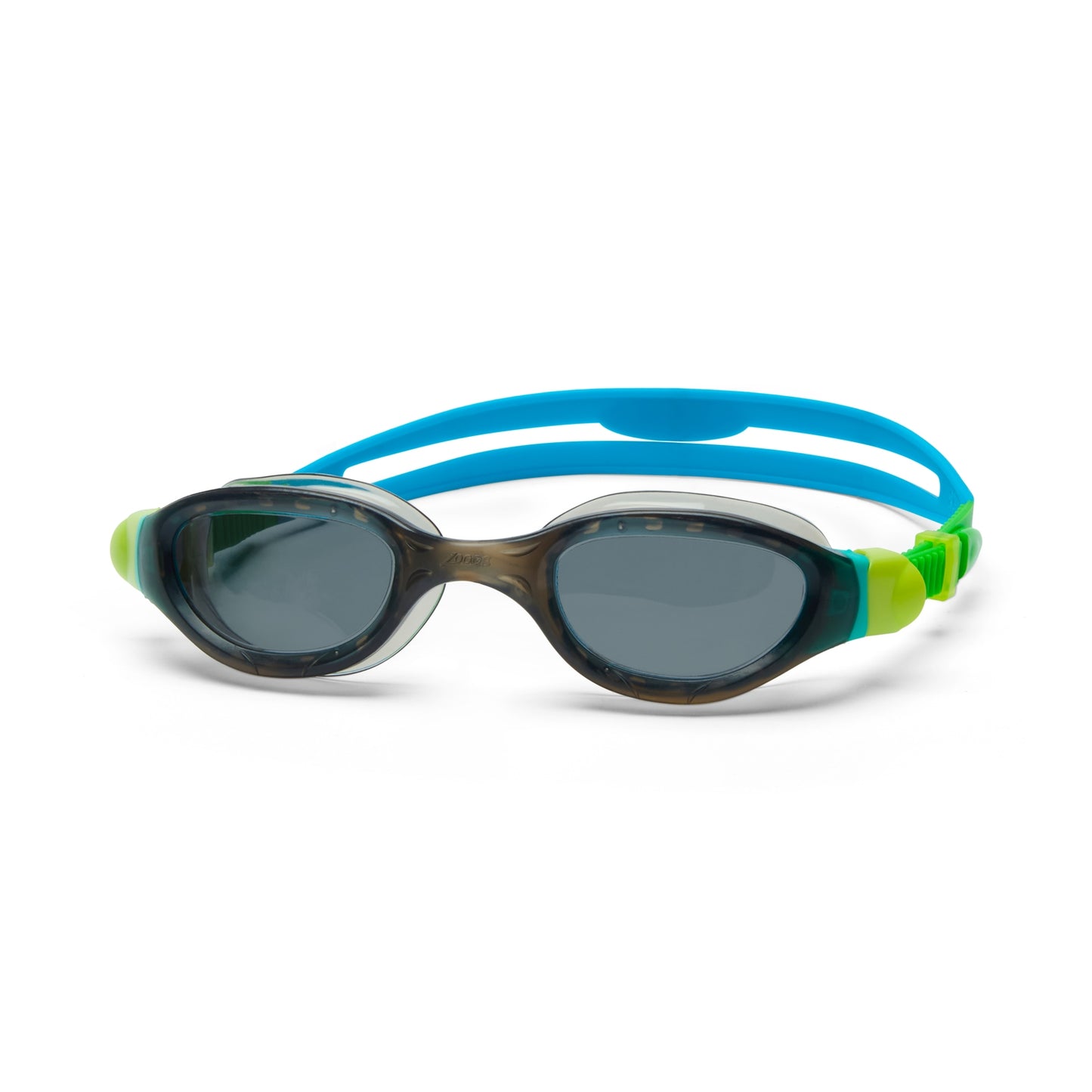 Zoggs Junior Phantom 2.0 swimming goggles in blue with clear lenses and adjustable straps for kids' swimming activities.