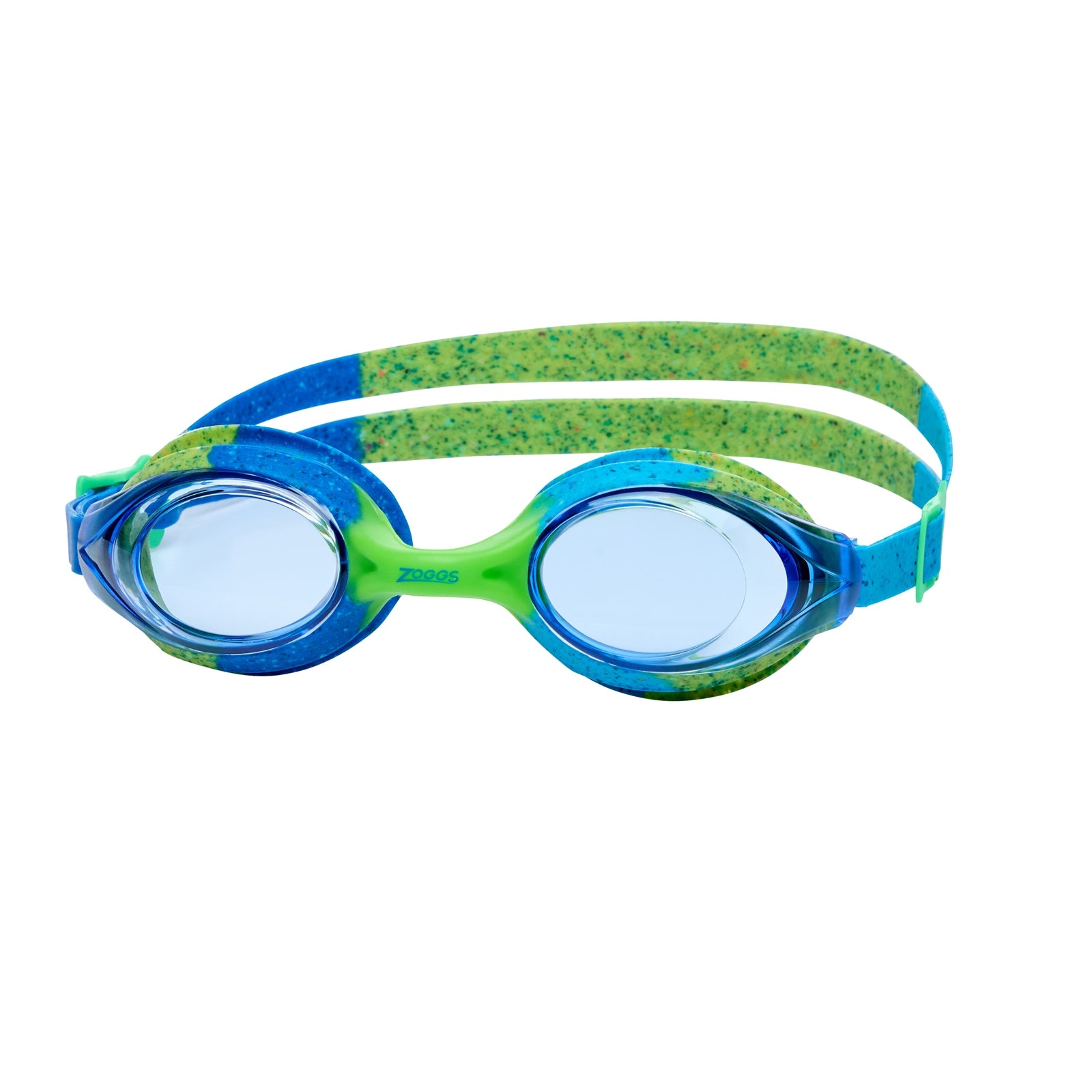 Bright blue Zoggs Jnr Bondi Remix swimming goggles for kids, featuring comfortable adjustable straps and clear lenses.