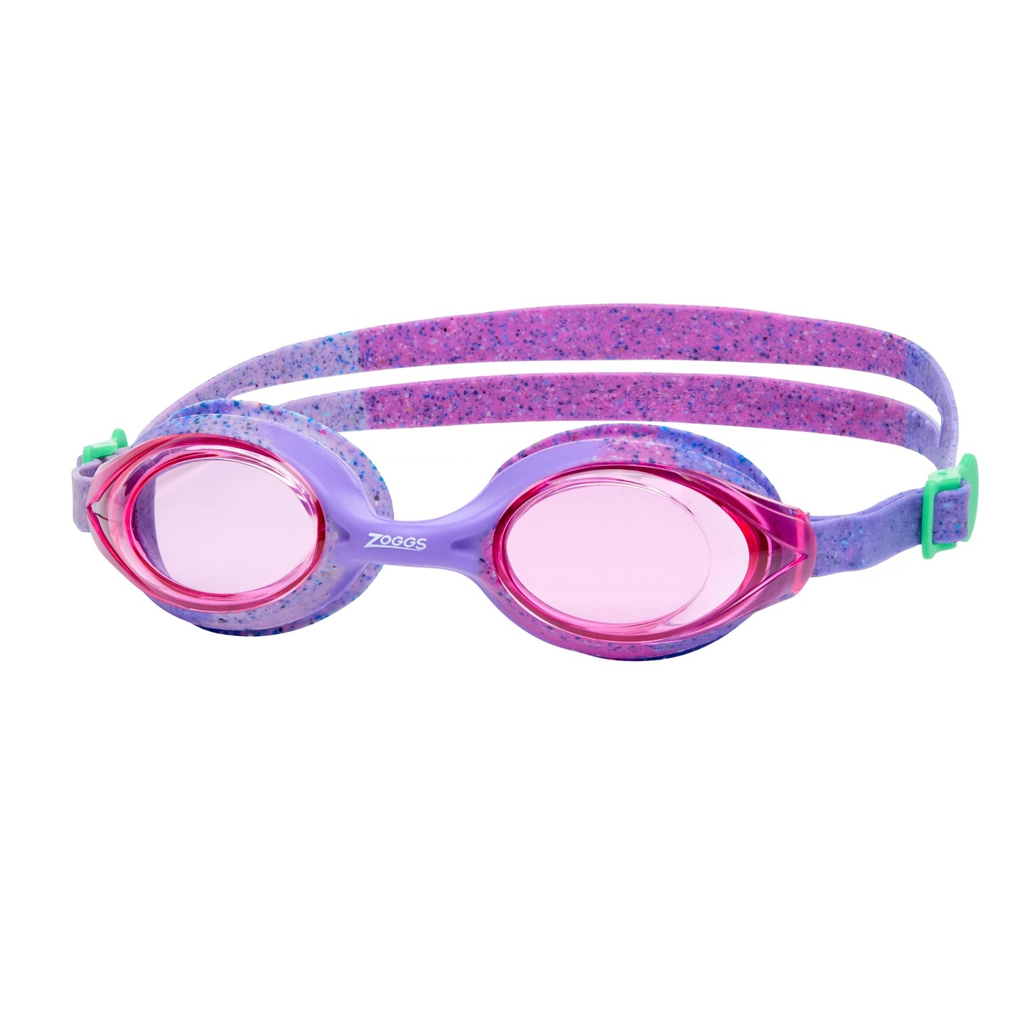 Child wearing Zoggs Jnr Bondi Remix swimming goggles, featuring colorful strap and clear lenses for swimming fun.