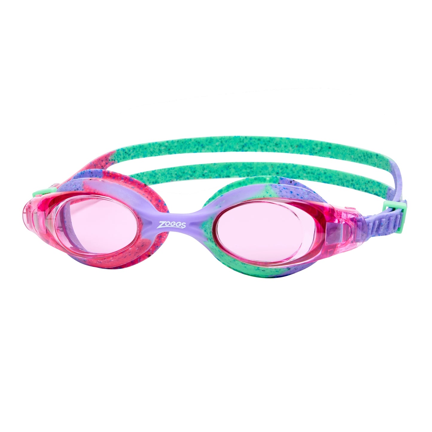 Zoggs Little Bondi Remix swimming goggles with blue and pink straps and clear lenses, designed for kids.