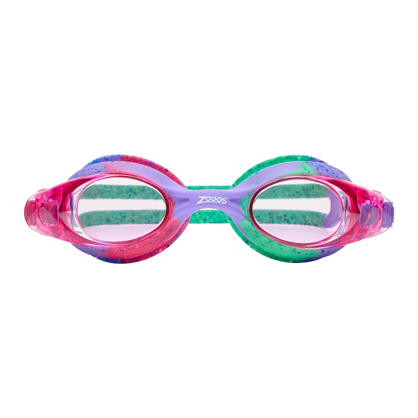 Zoggs Little Bondi Remix swimming goggles with blue and pink straps and clear lenses, designed for kids' swimming activities.