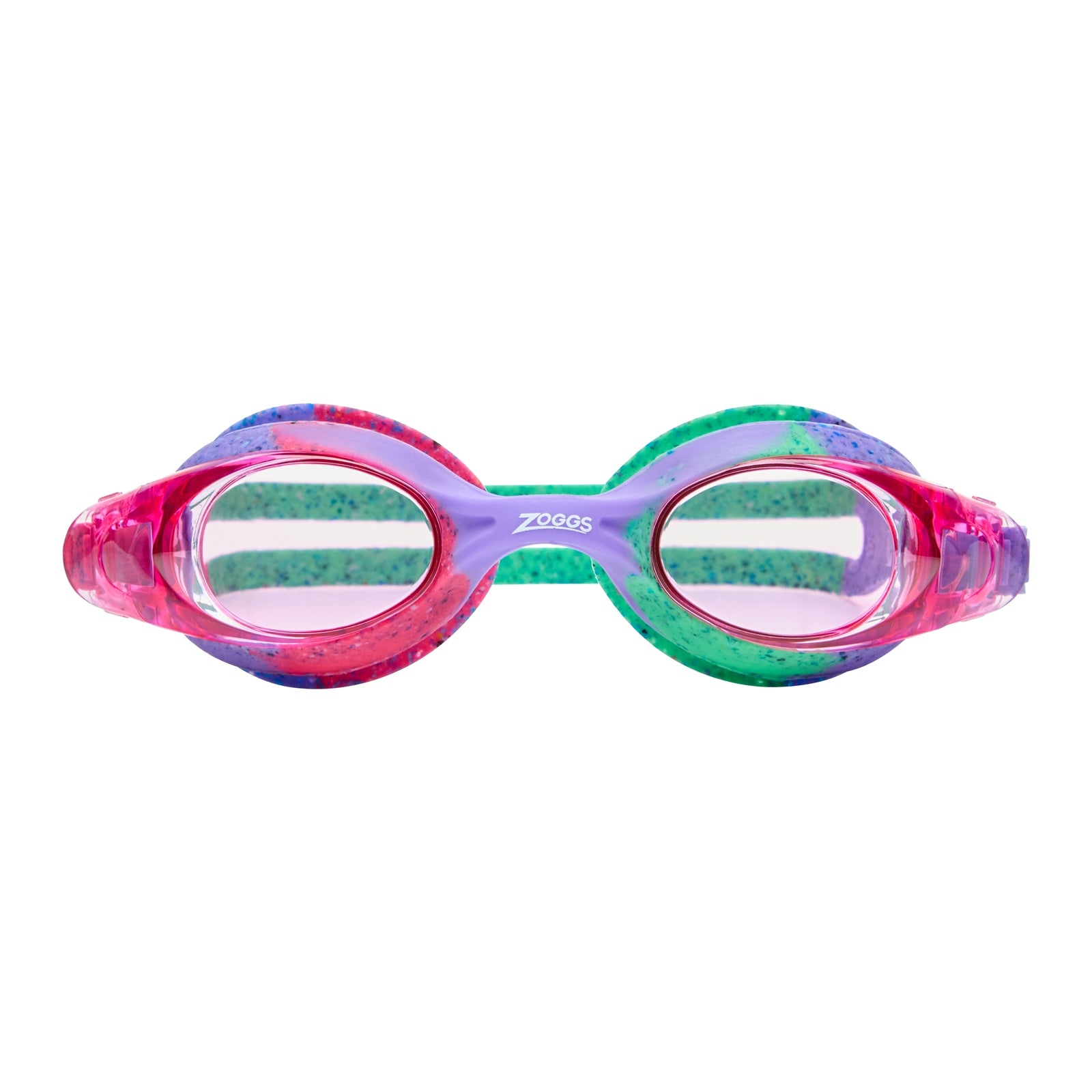 Zoggs Little Bondi Remix swimming goggles with blue and pink straps and clear lenses, designed for kids' swimming activities.
