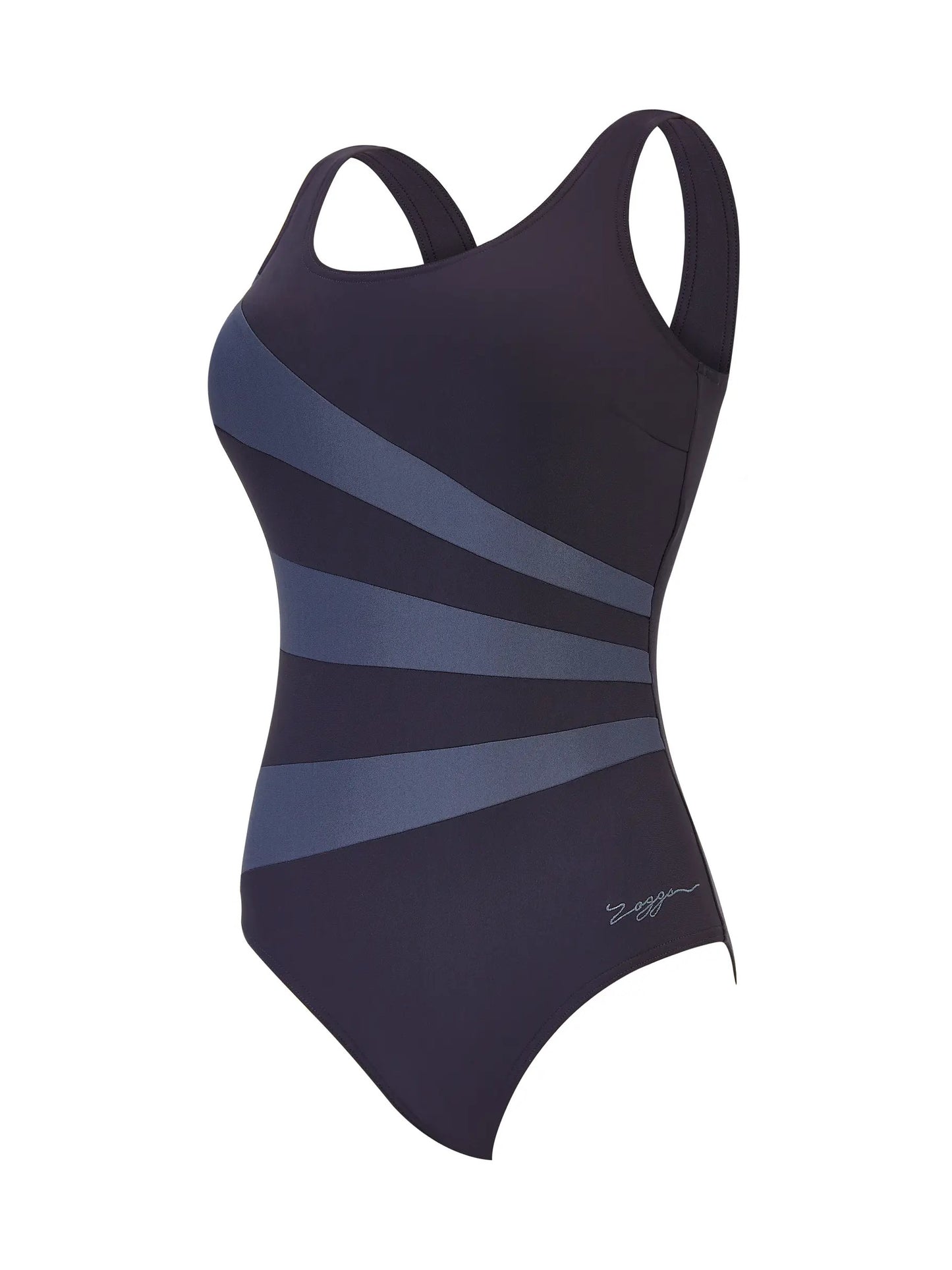 Zoggs women's Sandon scoopback swimming swimsuit in navy with pink accents, designed for comfort and style in the pool.