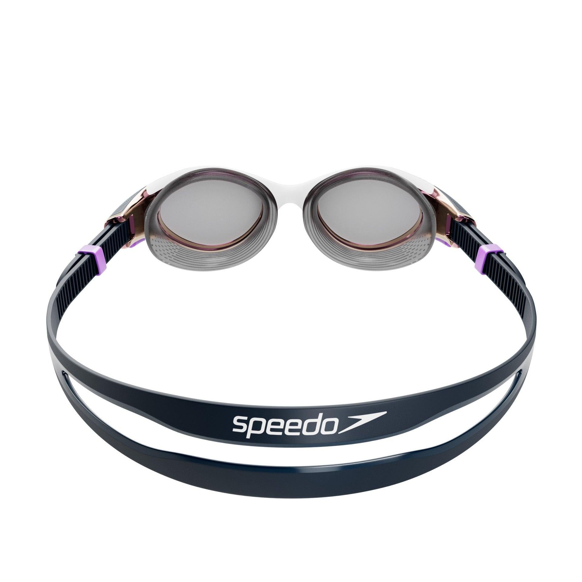 Junior Speedo Biofuse 2.0 Mirror goggles with reflective lenses and adjustable strap for comfortable swimming.