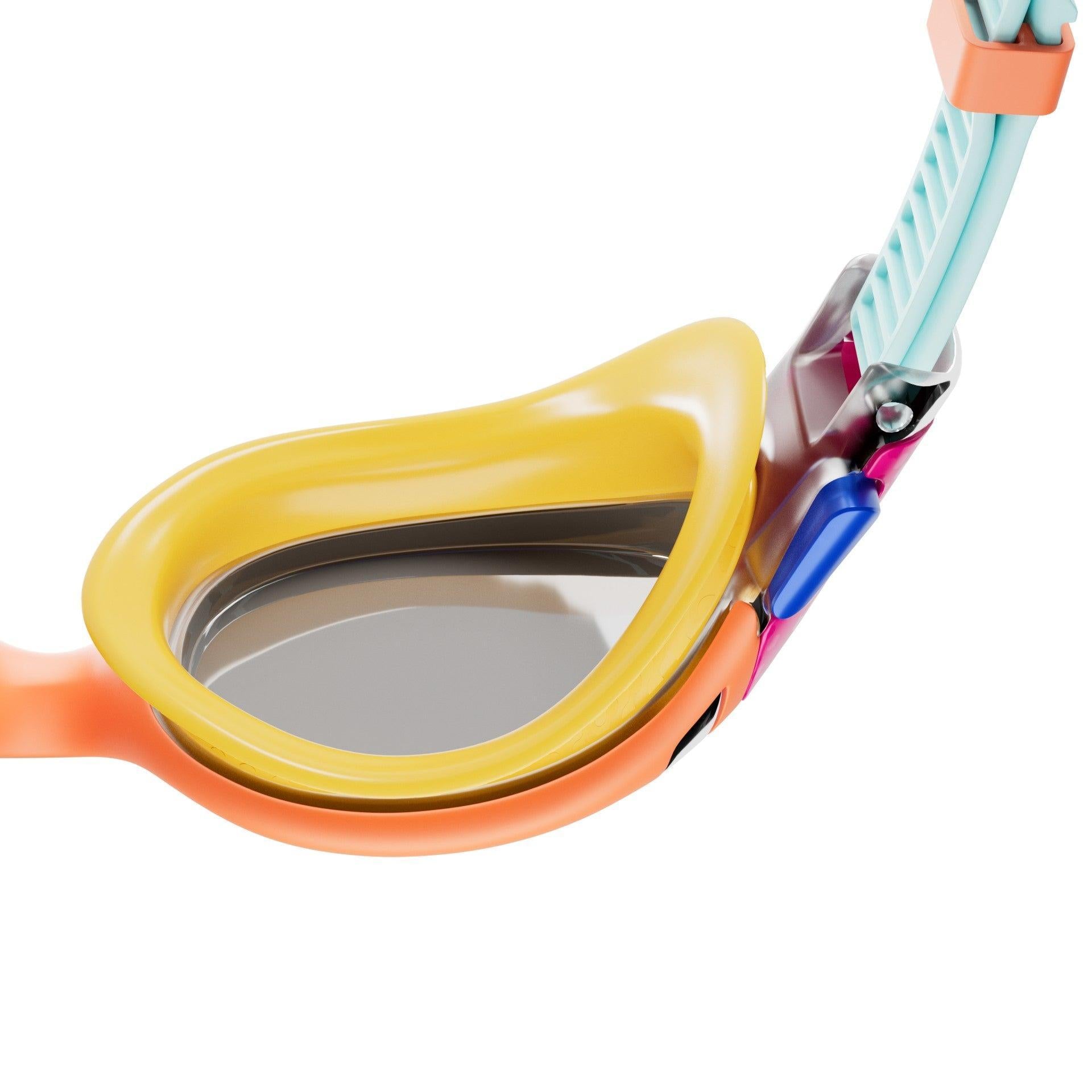 Junior Speedo Biofuse 2.0 Mirror goggles with reflective lenses and adjustable strap, designed for comfortable swimming.