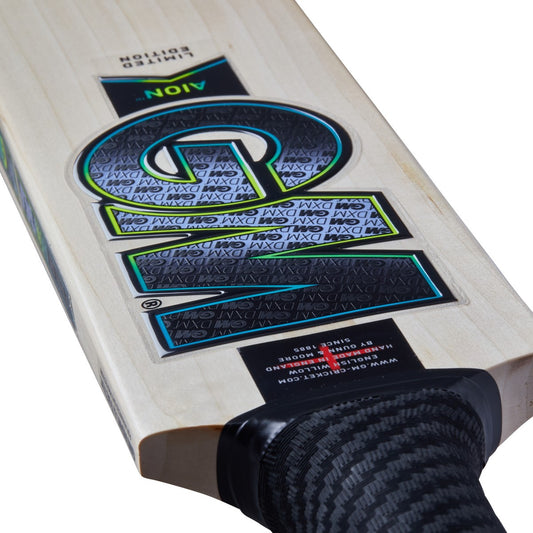 Gunn & Moore GM Aion 404 English Willow cricket bat with a light-colored wooden blade and ergonomic handle.