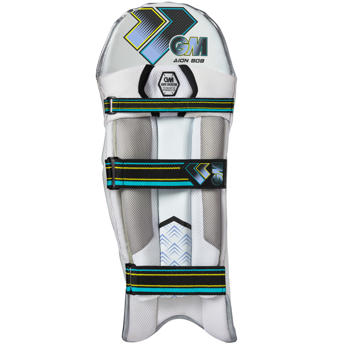 Gunn & Moore GM Cricket Aion 909 batting pads showing back view with adjustable straps and padding for cricket protection.