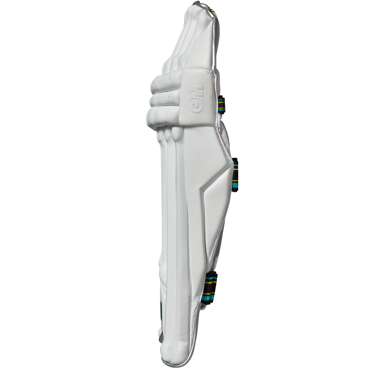 Gunn & Moore GM Cricket Aion 909 batting pads shown in profile, designed for cricket players with protective padding and adjustable straps.
