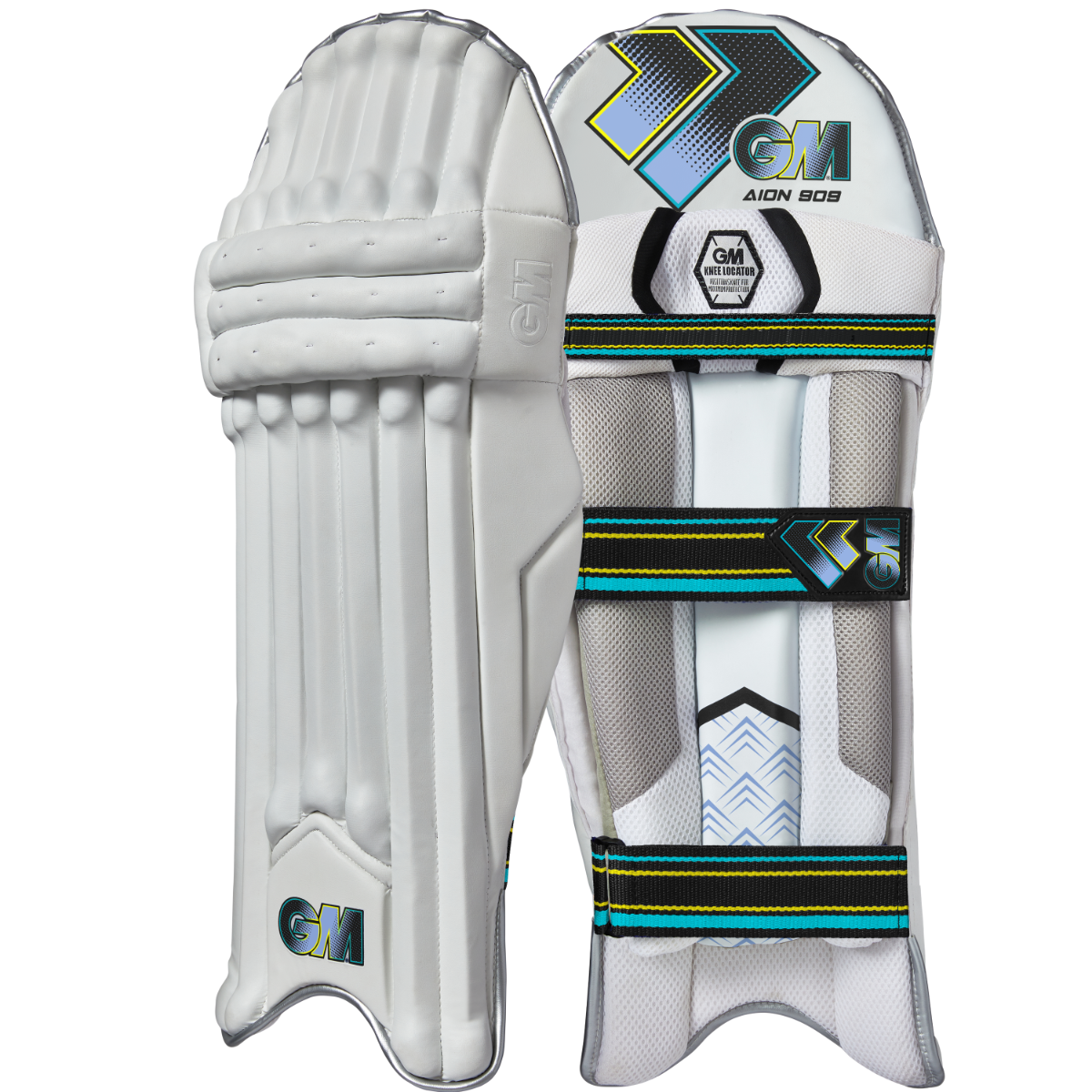 Gunn & Moore GM Cricket Aion 909 batting pads with white and black design, protective padding for cricket batting.