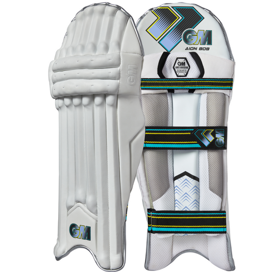 Gunn & Moore GM Cricket Aion 909 batting pads with white and black design, protective padding for cricket batting.