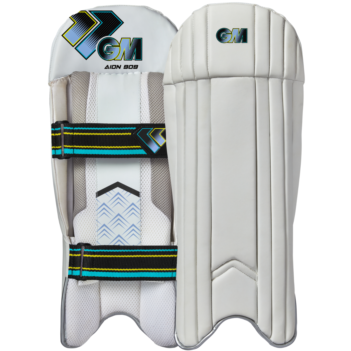 Gunn & Moore GM Cricket Aion 909 wicket keeping pads, white with black accents, designed for cricket wicket keepers.