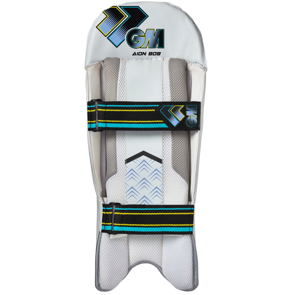 Back view of Gunn & Moore GM Cricket Aion 909 wicket keeping pads showing black and white design with padding and straps.