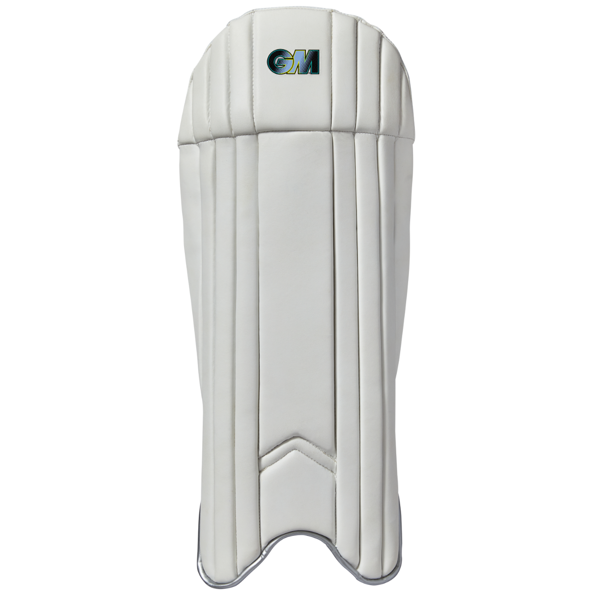 Front view of Gunn & Moore GM Cricket Aion 909 wicket keeping pads with black and white design, padded for protection.
