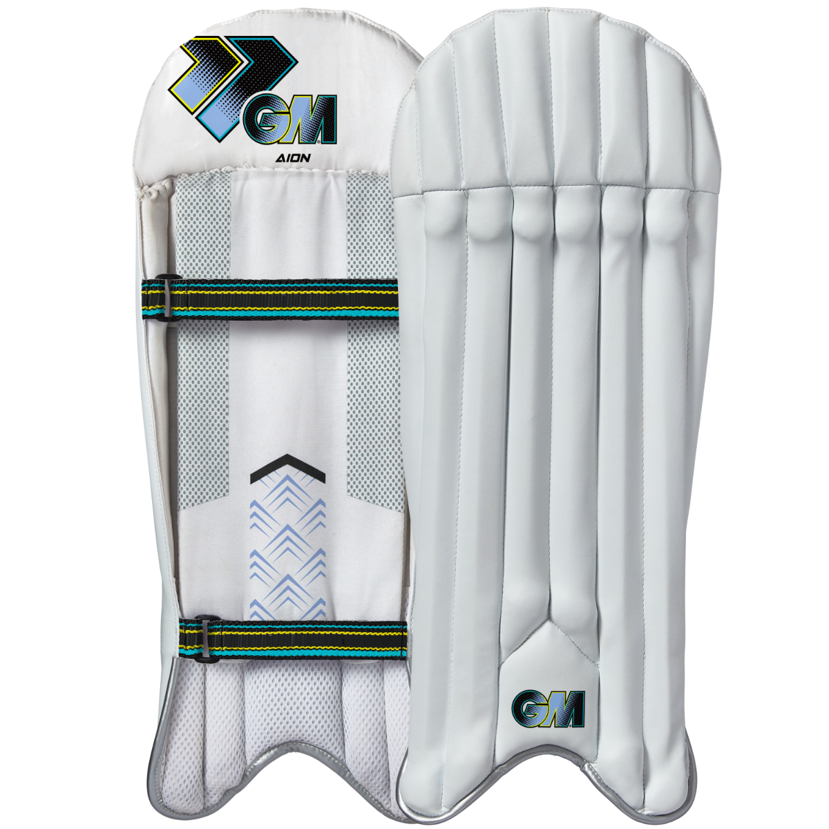 Gunn & Moore GM Cricket Aion wicket-keeping pads with protective padding and adjustable straps for cricket wicket keeper.