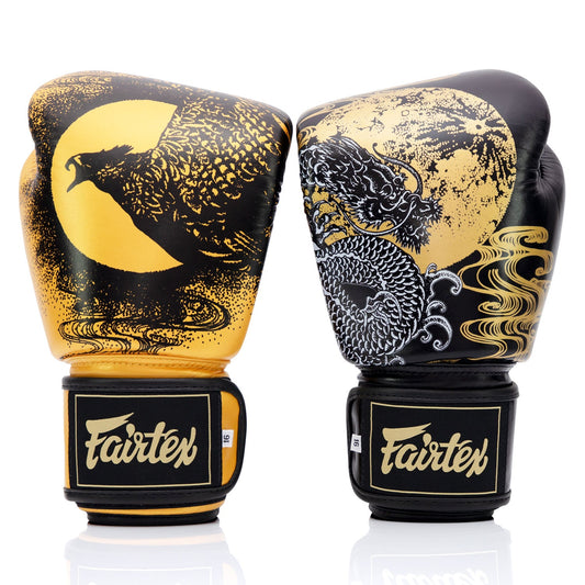 Fairtex BGV26 Harmony Six black and gold limited edition boxing gloves with padded wrist support and sleek design.