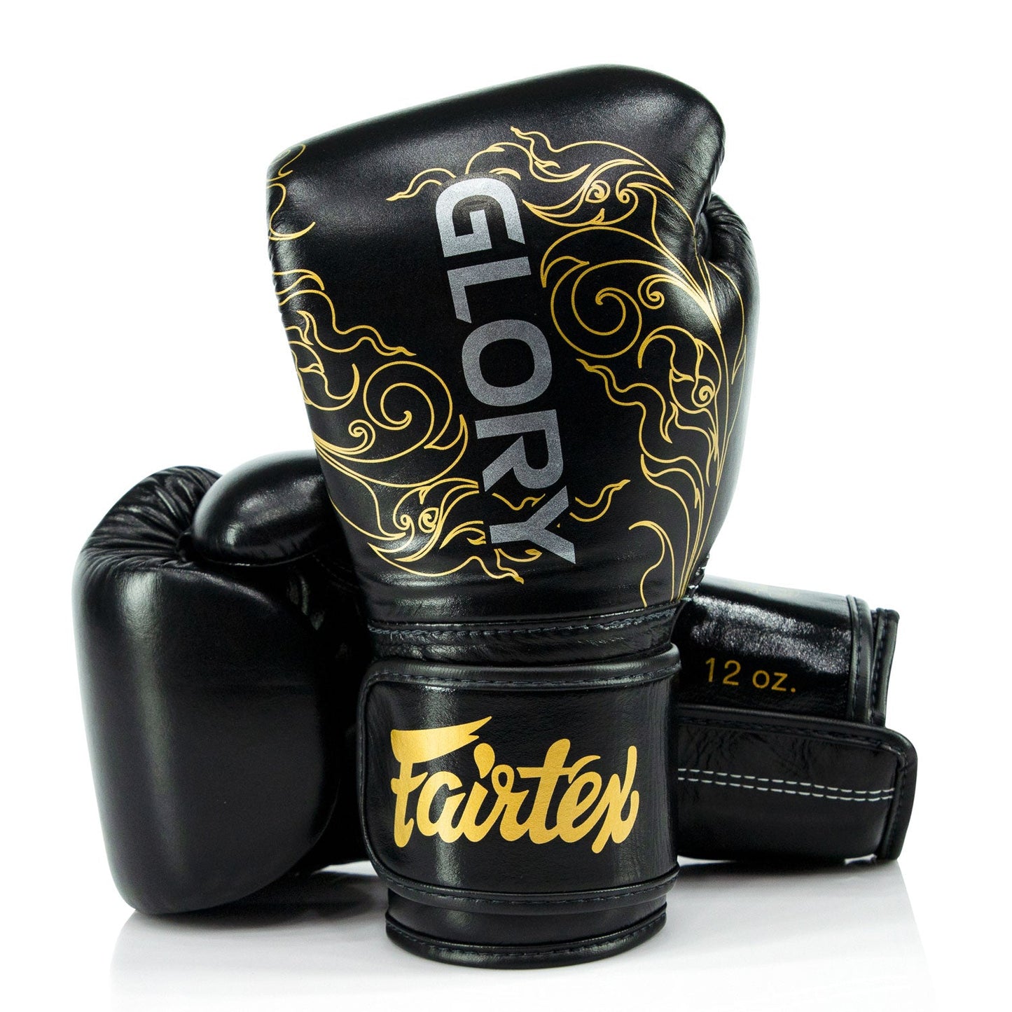Fairtex X Glory black and gold velcro boxing gloves with padded wrist support and branding, designed for training and competition.