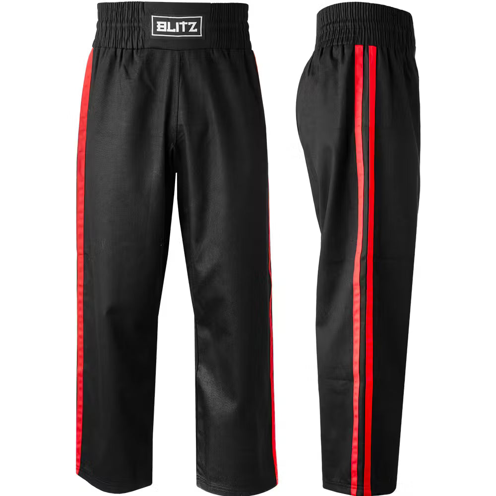 Black and red Blitz adult classic polycotton contact martial arts trousers with sturdy waistband and reinforced knees.