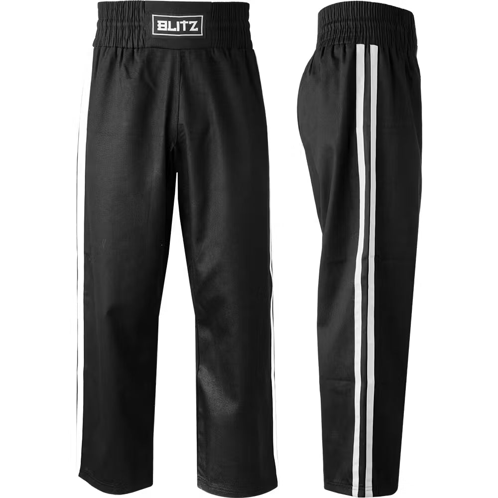 Black and white Blitz adult classic polycotton contact martial arts trousers with elastic waistband and reinforced stitching.
