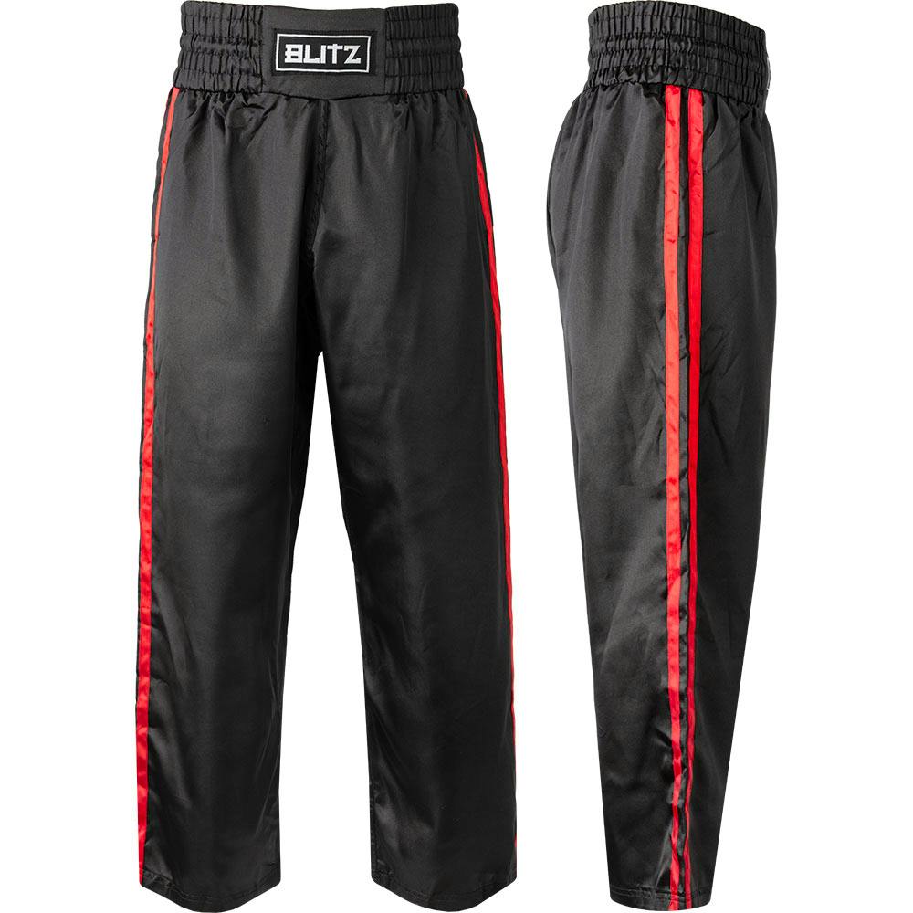 Black and red Blitz adult satin contact trousers for martial arts, featuring a classic design and comfortable fit.