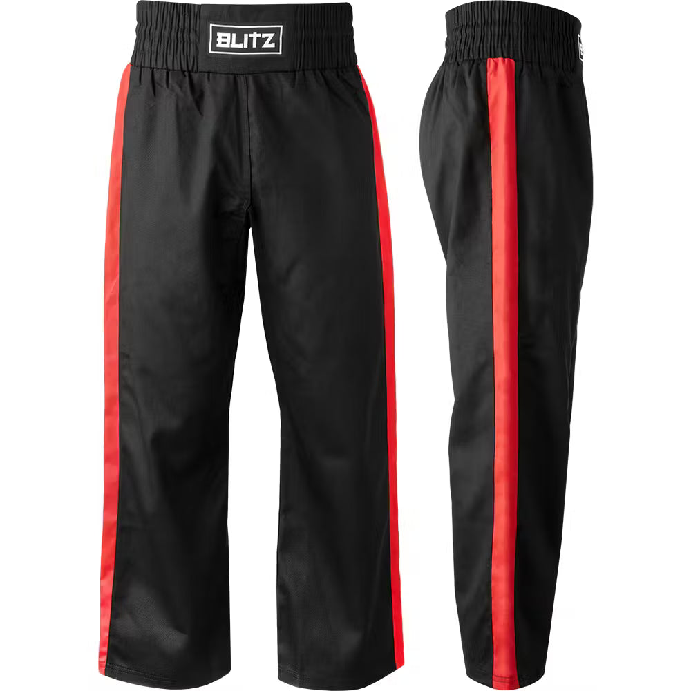 Black and red Blitz Club Full Contact Martial Arts Trousers for training, featuring durable fabric and a comfortable fit.