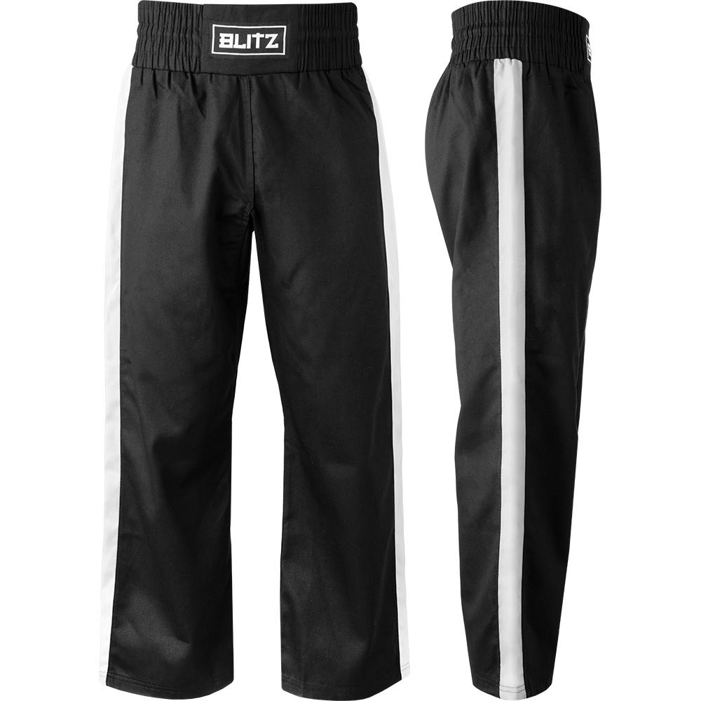 Black and white Blitz Club Full Contact Martial Arts Trousers for training, featuring a comfortable fit and durable fabric for martial arts practice.