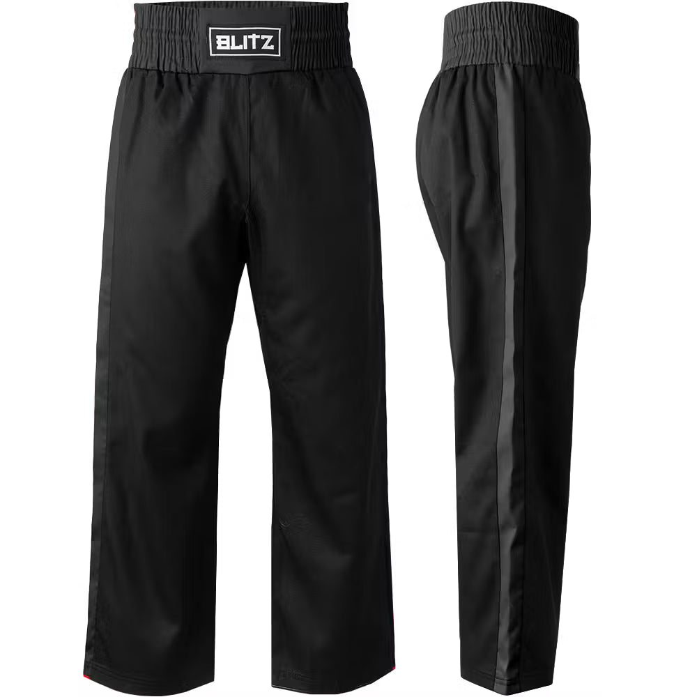Black Blitz adult Defiant kickboxing contact trousers made of polycotton, designed for training and combat sports.