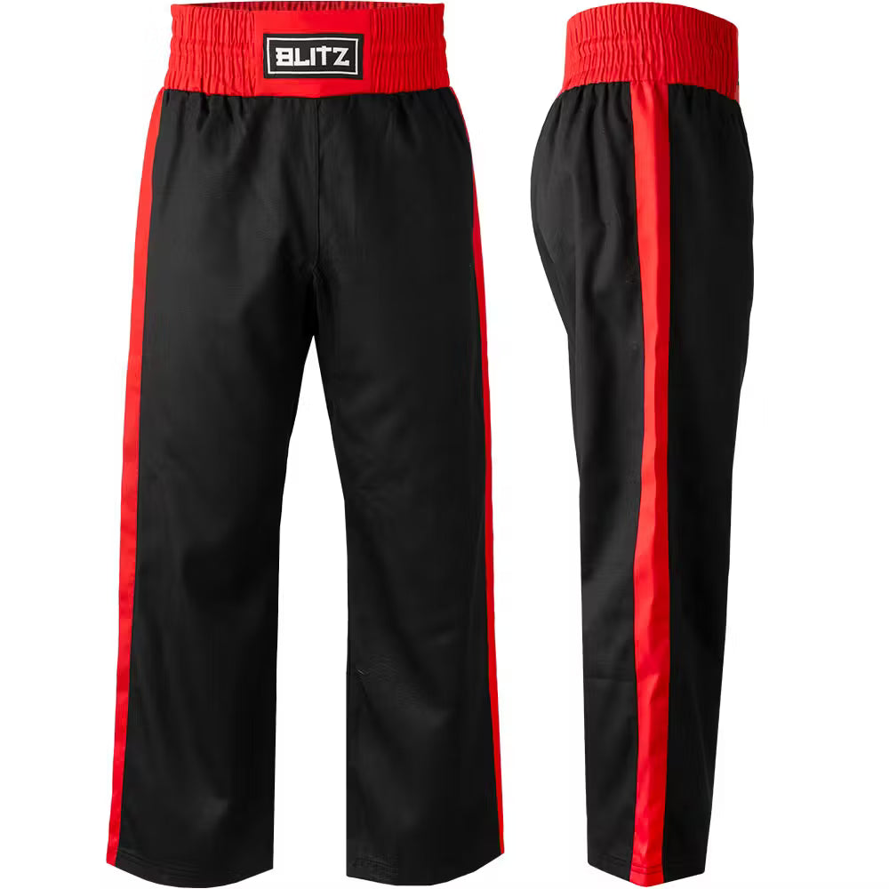 Black and red Blitz adult Defiant kickboxing trousers made of polycotton, designed for training and martial arts practice.