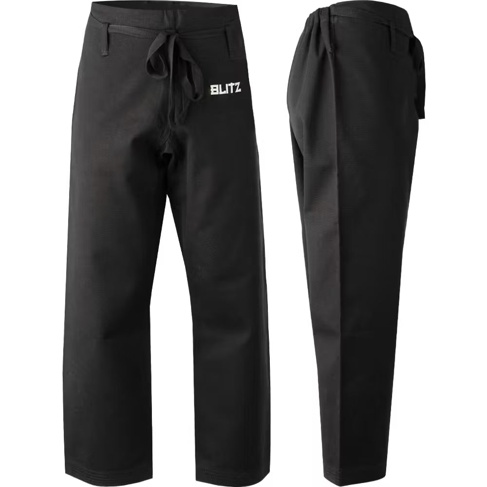 Black Blitz adult heavyweight martial arts trousers with durable fabric, designed for training and combat activities.