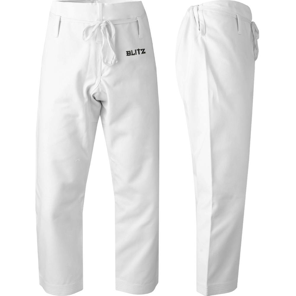 White Blitz adult heavyweight martial arts trousers with durable fabric and reinforced stitching for training and practice.
