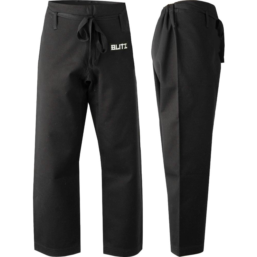 Black Blitz adult middleweight martial arts trousers, 12oz karate training pants, made of durable fabric for martial arts practice.