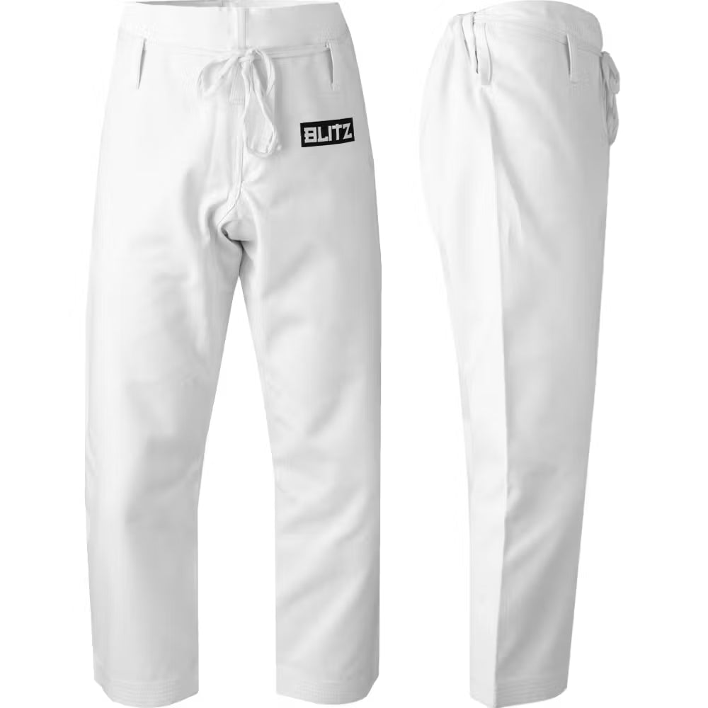 White Blitz adult middleweight martial arts trousers, 12oz karate pants with a relaxed fit and sturdy fabric for training.