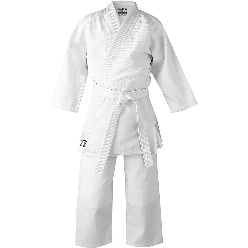 White Blitz Adult Okuden Judo Gi 450g with reinforced stitching, designed for training and competition, featuring traditional Judo styling.