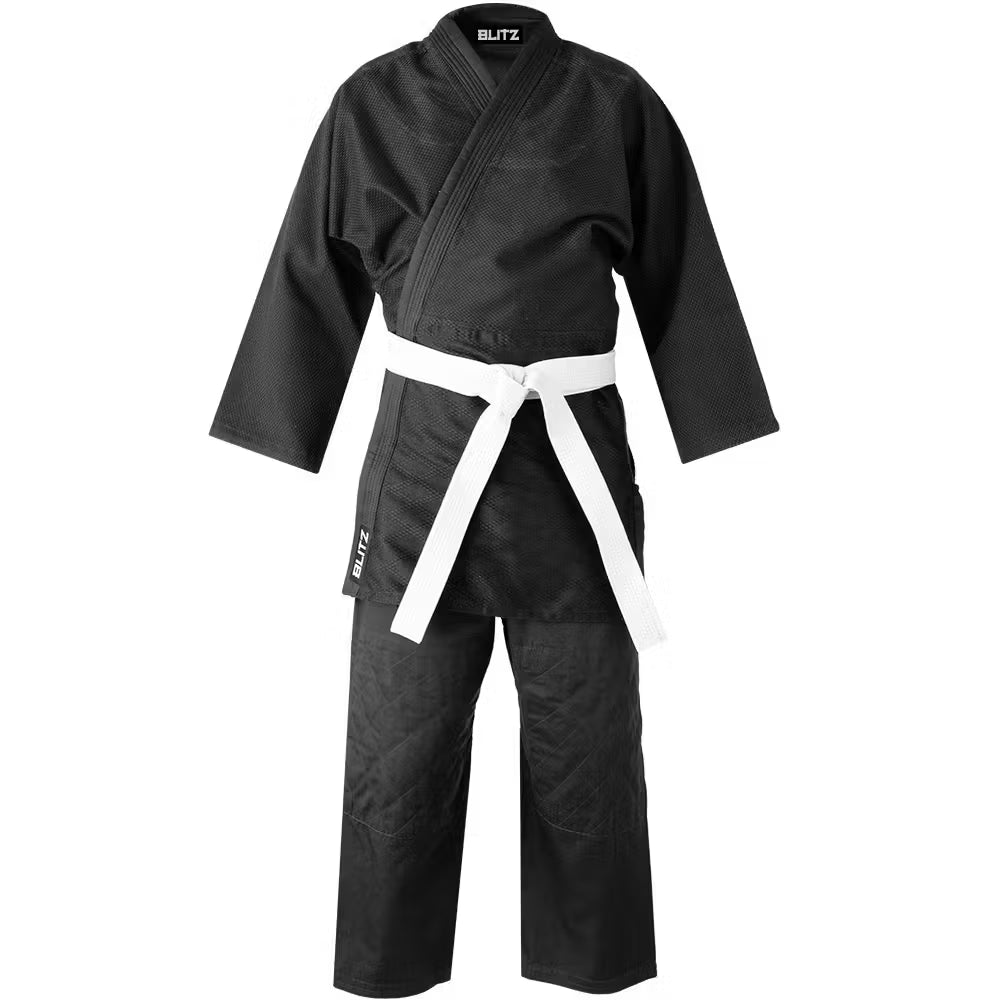 Black Blitz adult student judo gi with 350g fabric, featuring reinforced stitching and traditional design for judo practice.