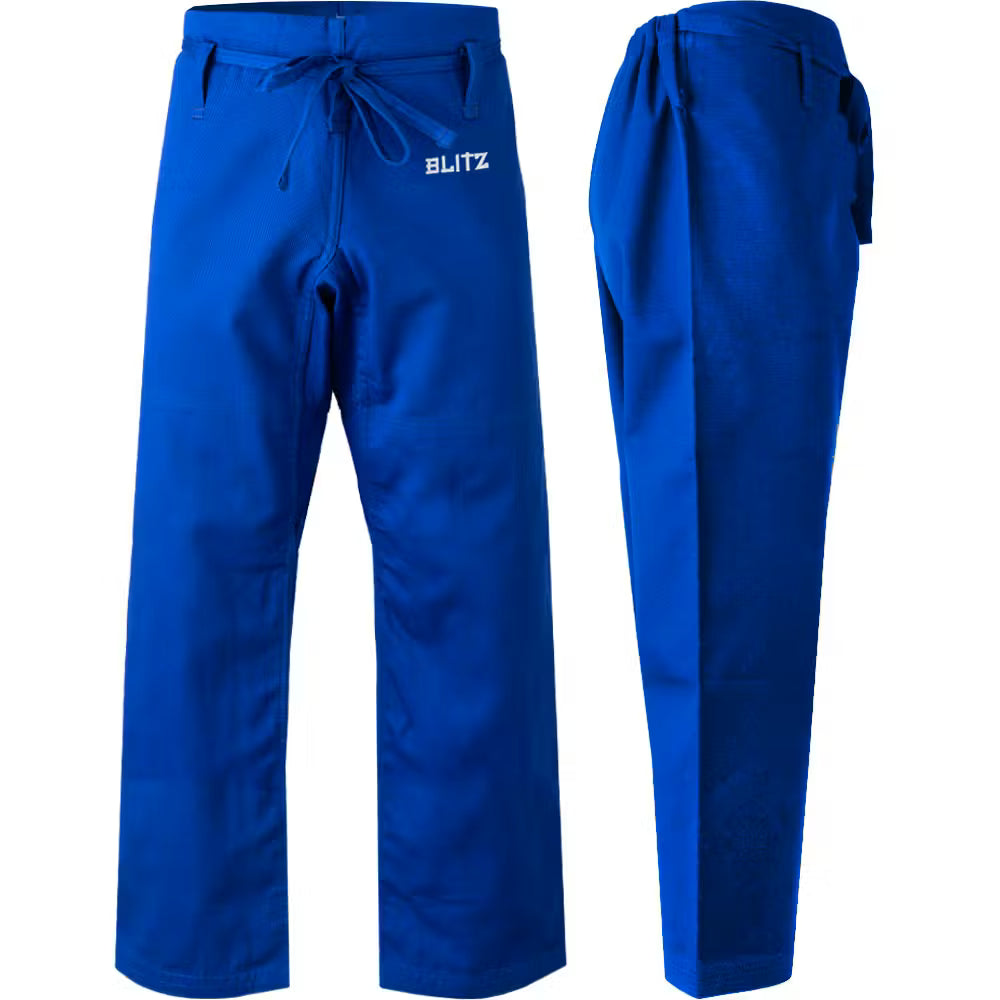 Blue Blitz adult student judo training trousers laid flat, lightweight and durable martial arts clothing for judo practice.