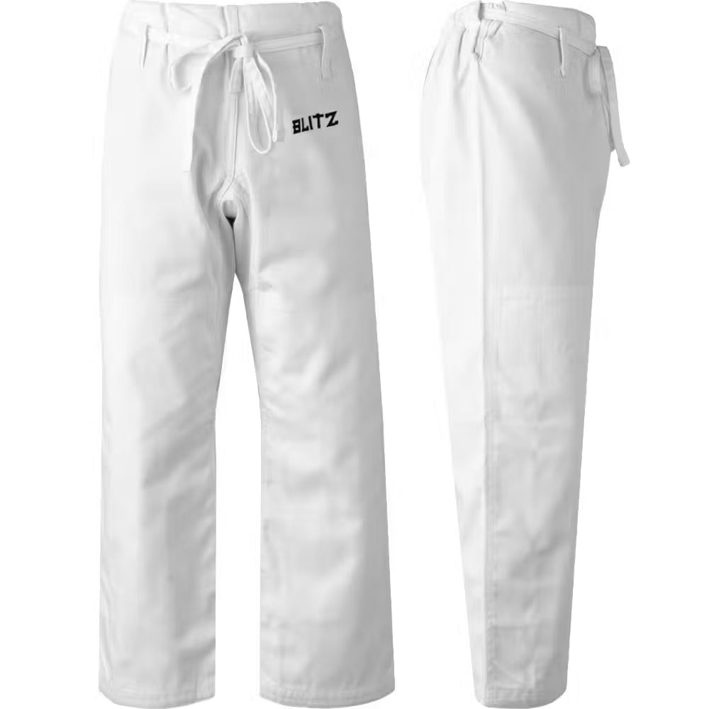 White Blitz adult student judo trousers, training pants made from durable fabric, designed for martial arts practice and training.