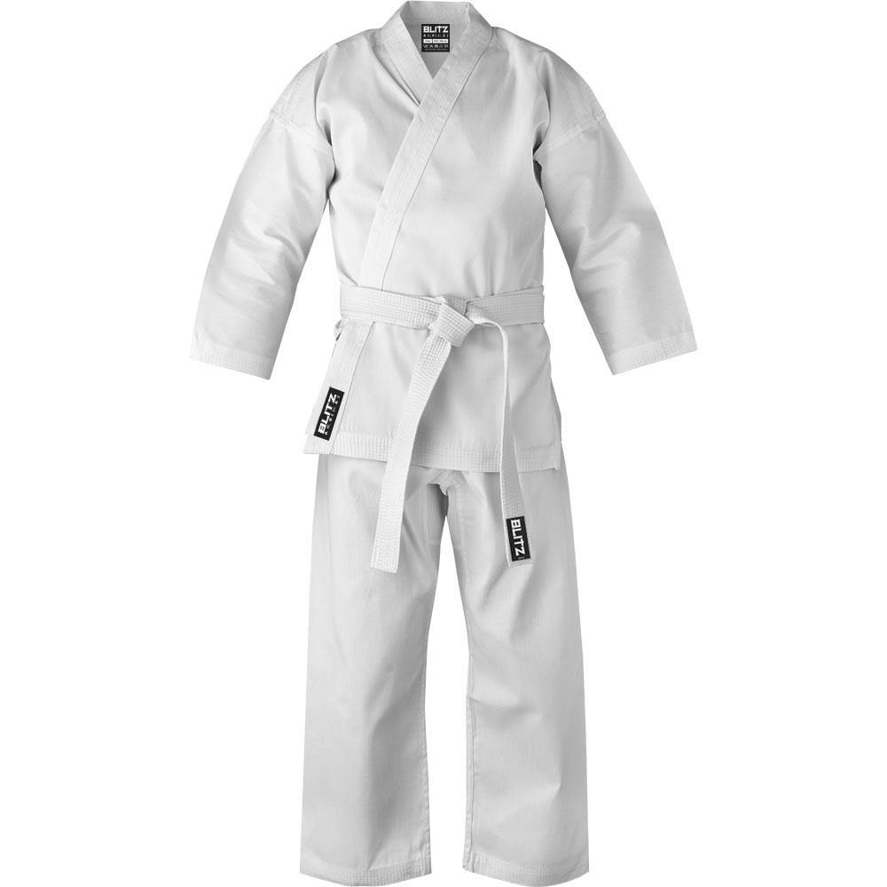 White Blitz adult student Jujitsu Gi 10oz training suit with reinforced stitching and traditional design for martial arts practice.