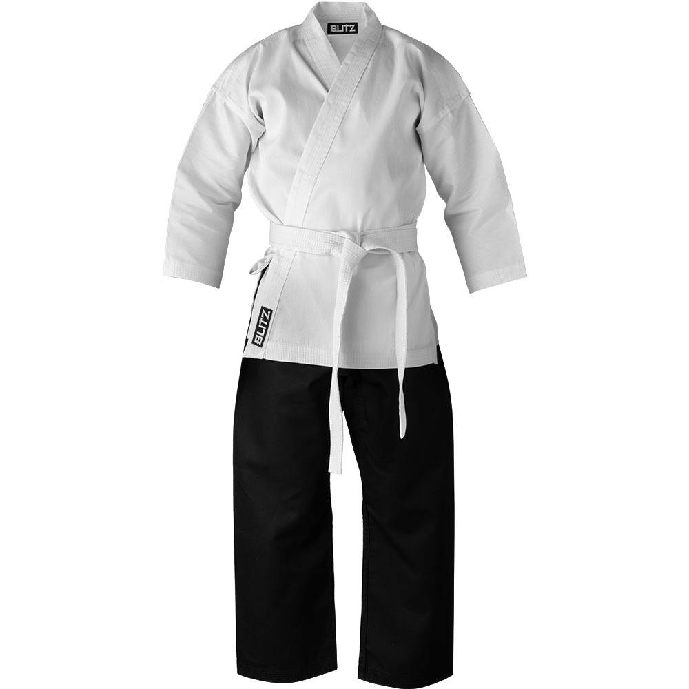 Blitz adult student karate gi 7oz training suit with white belt, lightweight uniform for beginner martial arts practice.