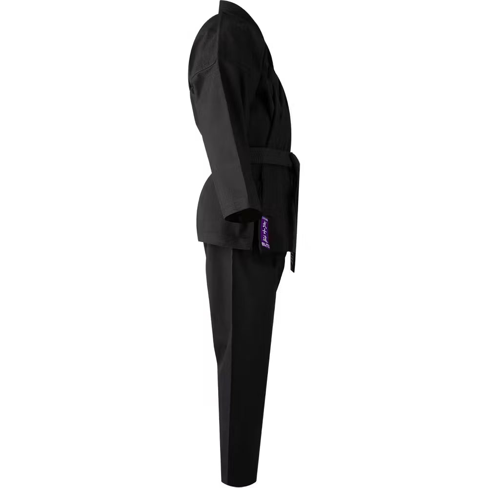 Black Blitz Zanshin Karate Gi for adults, 12oz woven cotton training uniform with traditional karate design and stitching details