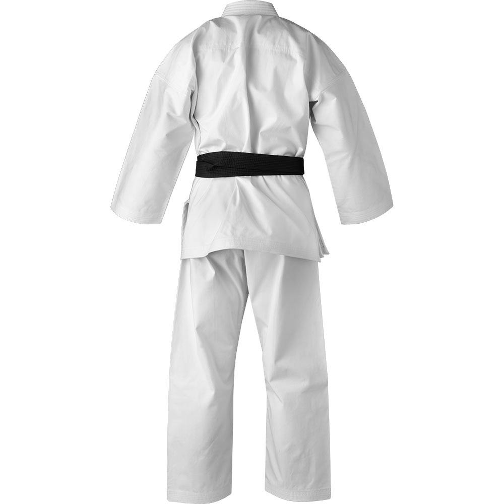 White Blitz Adult Zanshin Karate Gi made of durable 12oz woven cotton, shown from the back, designed for training and martial arts practice.