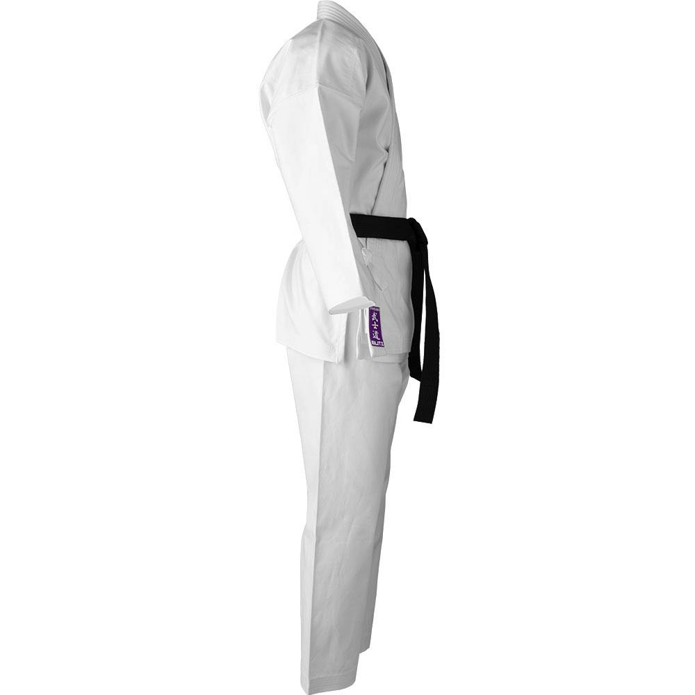 White Blitz Adult Zanshin Karate Gi made of 12oz woven cotton, displayed flat with a traditional design and reinforced stitching.