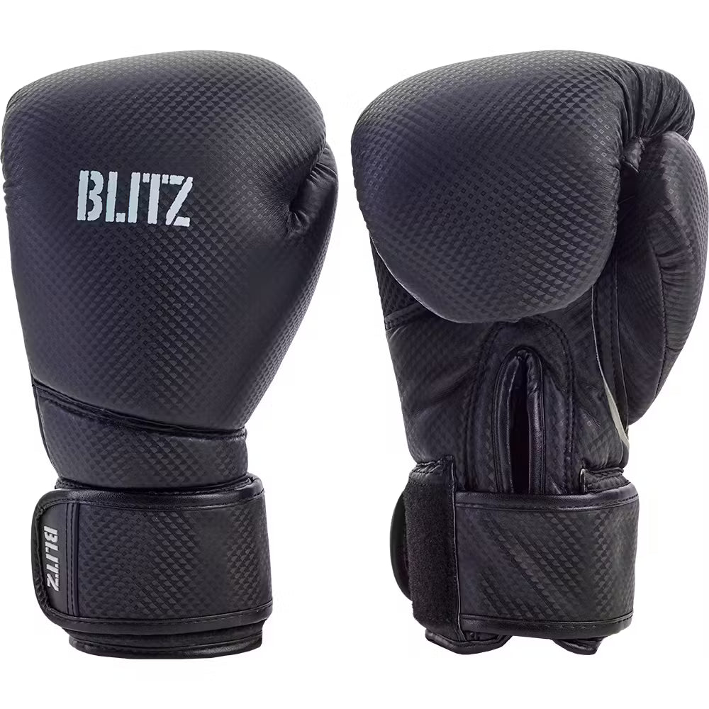 Black Blitz Carbon Boxing Gloves for training, featuring durable construction and secure wrist support for boxing workouts.
