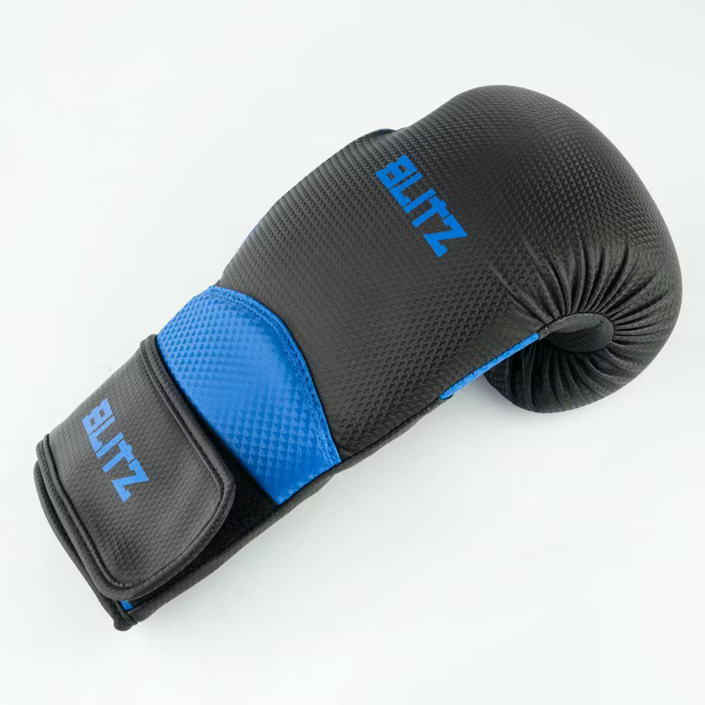 Black and blue Blitz Centurion boxing gloves with padded wrist support for premium training and boxing workouts.